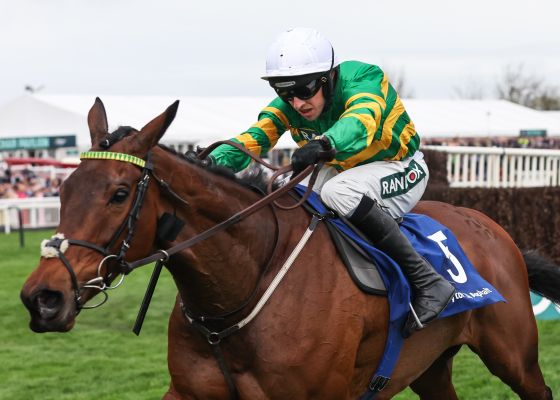 Inothewayurthinkin ridden by Mark Walsh leads the race during the 1:45pm Huyton Asphalt Franny Blennerhassett Memorial Mildmay Novices’ Steeple Chase (Class 1) during the The Randox Grand National 2024 Ladies Day at Aintree Racecourse, Liverpool, United Kingdom, 12th April 2024  (Photo by Mark Cosgrove/News Images)