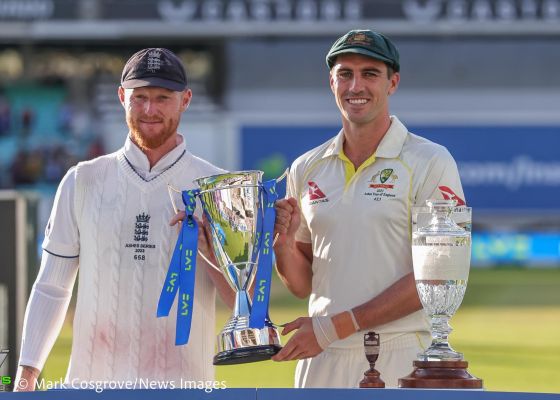 Ben Stokes of England and Pat Cummings of Australia series draw trophy lift during the LV= Insurance Ashes Fifth Test Series Day Five England v Australia at The Kia Oval, London, United Kingdom, 31st July 2023  (Photo by Mark Cosgrove/News Images)